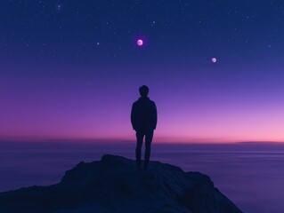 Celestial Stargazing Man Observing Planetary Alignment Under Starry Night Sky