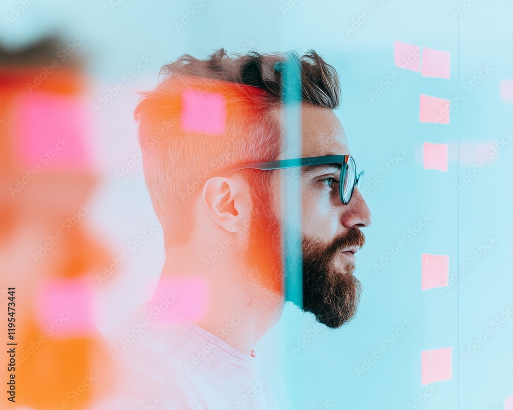 Poster bearded man analyzing data on glass board with post-it notes in soft pastel light