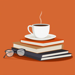 cozy scene featuring cup of coffee on stacked books, perfect for relaxation