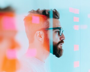 Bearded Man Analyzing Data on Glass Board with Post-it Notes in Soft Pastel Light