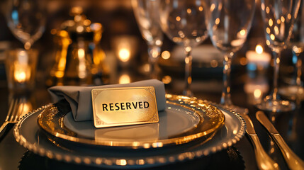 RESERVED card text sign on a dinner setting on a table in luxury restaurant interior. Fine exclusive dining elegant space reservation, private banquet decoration