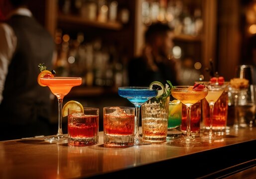 Variety of colorful cocktails standing on bar counter in nightclub or restaurant with blurred bartender in background