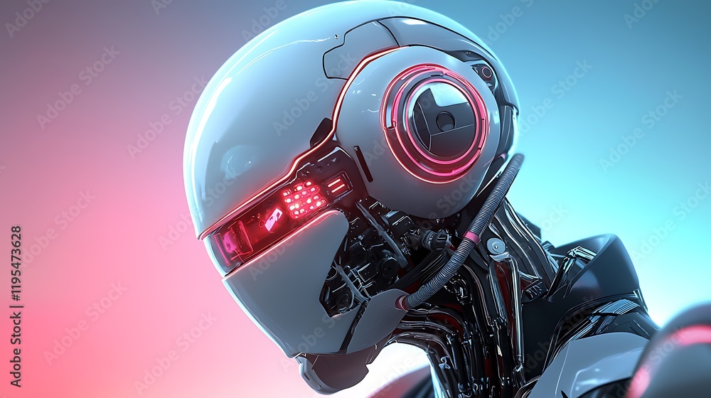 Poster futuristic robotic head with glossy metallic surfaces and intricate cybernetic details overridden by