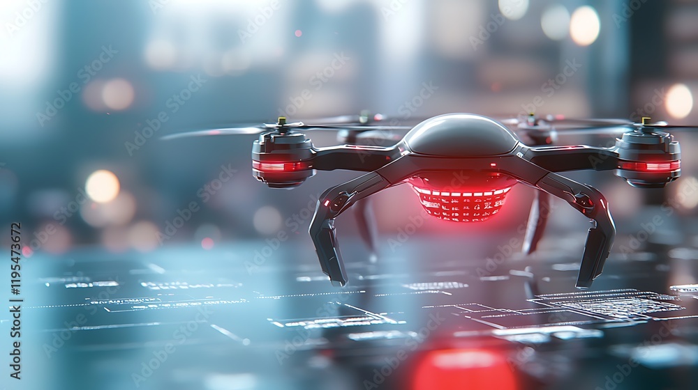 Poster futuristic security drone hovering above water and scanning digital data layers in a nighttime envir