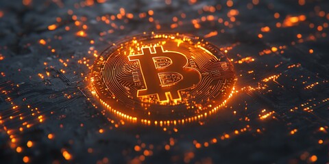 Golden Bitcoin Digital Currency Concept - Futuristic Finance, Cryptocurrency Coins, Blockchain Tech Symbol