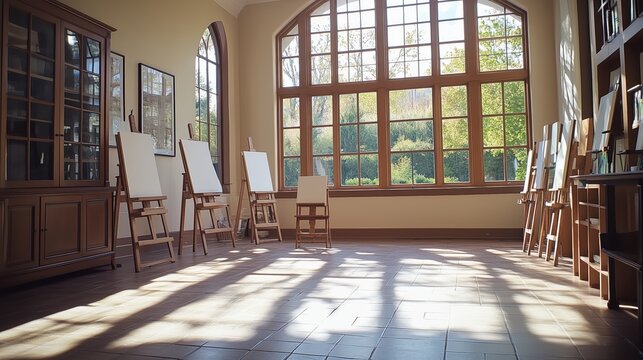 Art studio with easels set up for creative sessions in a sunlit room overlooking a garden