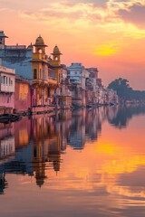 Obraz premium Sunset Reflections on a Riverside Towns Historic Architecture