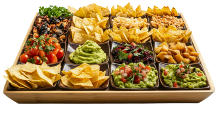 Mexican Party Platter With Assorted Nachos Chips And Guacamole Dips