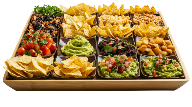 Mexican Party Platter With Assorted Nachos Chips And Guacamole Dips