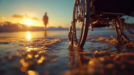 Sunset reflection at the beach with a wheelchair in the foreground and a person strolling in the background