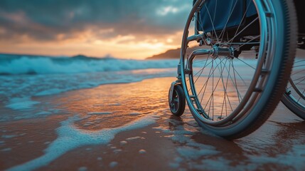 Wheelchair resting on the beach at sunset, symbolizing freedom and accessibility by the ocean waves