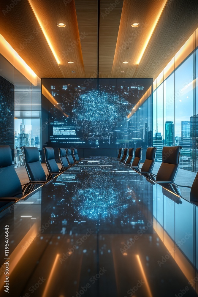 Poster modern conference room with digital interactive screen in a minimalist corporate setting