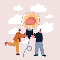 Fototapeta premium Cartoon vector illustration of a man and woman holding a light bulb with a brain inside, symbolizing teamwork, creativity, and the power of innovative ideas