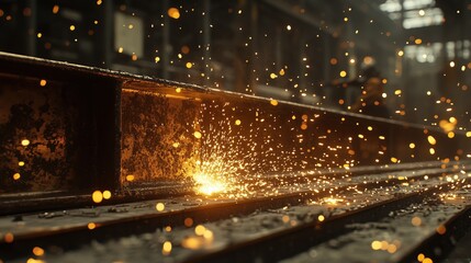 Sparks fly as metal is welded in a busy workshop during daylight hours, showcasing craftsmanship and industrial activity