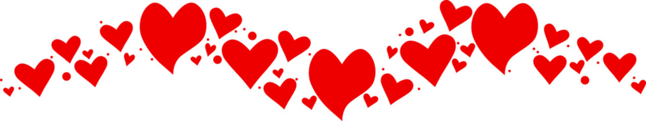 Hearts border in wave shape. Pink hearts border. Heart in the wave shape vector. Valentine's Day element decoration. Love concept. Flying red hearts confetti.