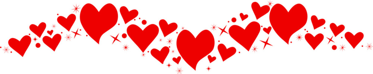 Hearts border in wave shape. Pink hearts border. Heart in the wave shape vector. Valentine's Day element decoration. Love concept. Flying red hearts confetti.