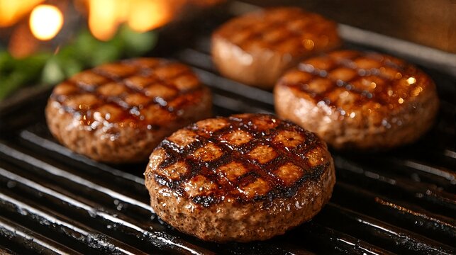 Close-up of four grilled burgers on a grill with an out-of-focus fire and greenery in the background.