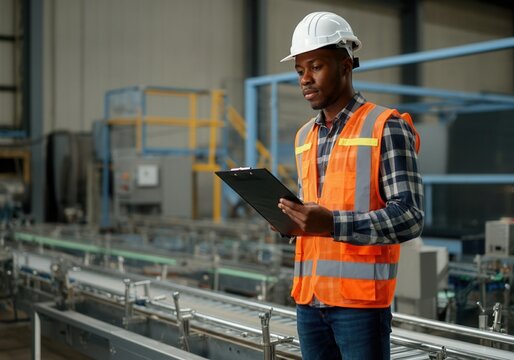Factory supervisor wearing hardhat and safety vest holding clipboard, controlling production line in bottling factory