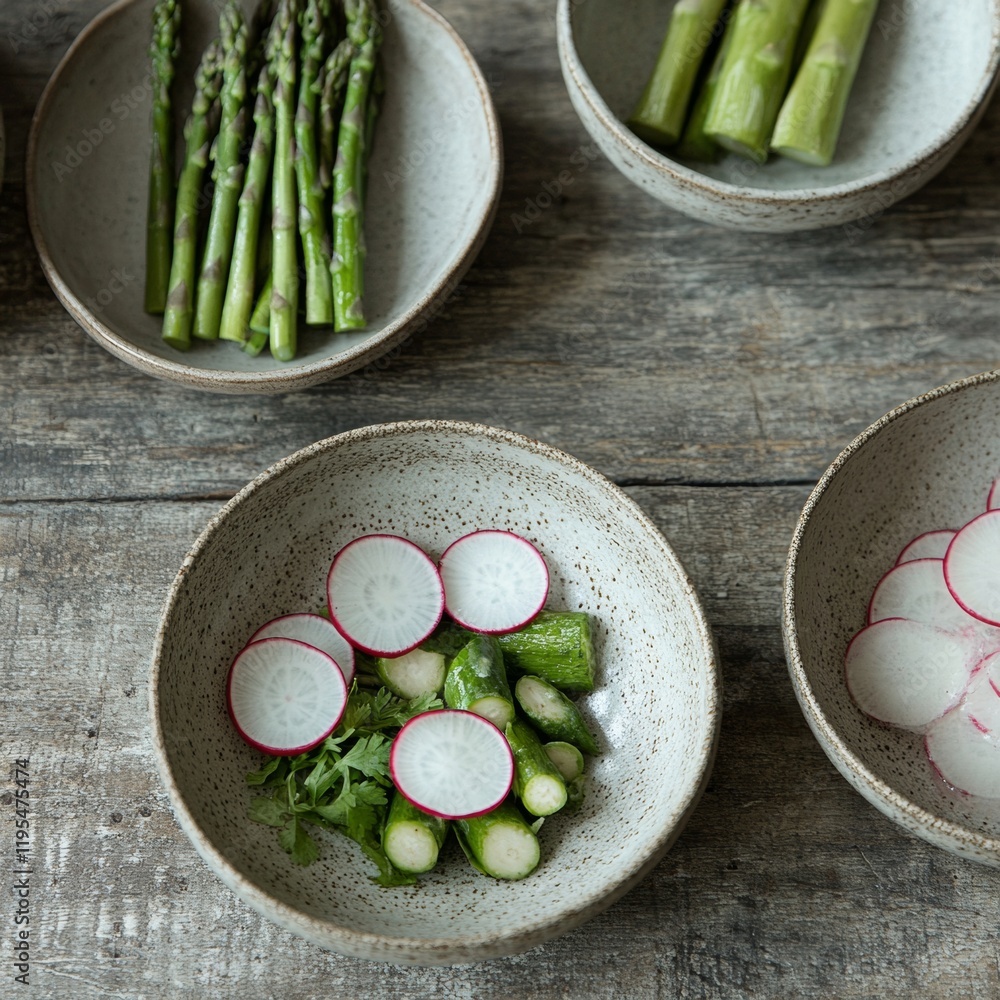 Aufkleber elegant minimalist spring dining table with fresh asparagus and radish salads