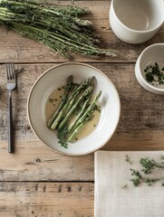 Rustic Spring Dining with Handcrafted Ceramics and Fresh Asparagus