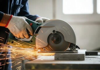 Construction worker using circular saw cutting metal, creating sparks