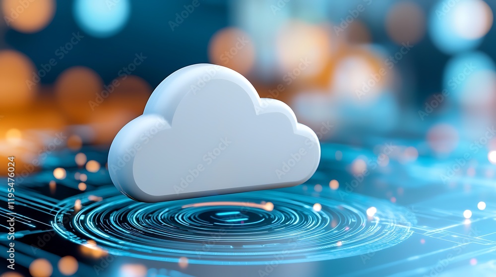 Poster futuristic virtual cloud storage hologram surrounded by dynamic digital ripples and reflections on a
