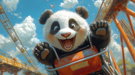 A cartoon panda riding a roller coaster, with a big smile and paws in the air, enjoying the thril