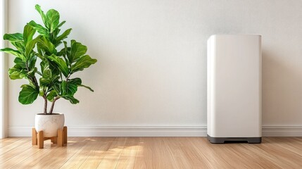 Scandinavian style interior showcases a fiddle leaf fig tree in a white pot beside an empty electric panel. The wooden floor complements the modern heating radiator, creating a serene atmosphere