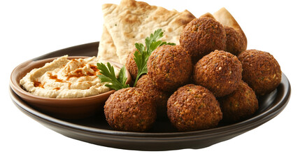 A plate of crispy falafel balls with a side of hummus isolated on a transparent background, PNG
