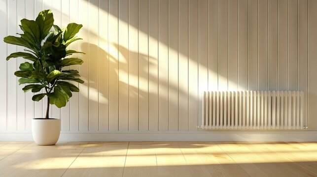 Bright and airy interior reflects Scandinavian minimalism, featuring a white electric panel wall and a fiddle leaf fig tree in a pot. Minimal heating radiators complement the wooden flooring