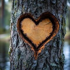 A romantic carved heart on a tree trunk in a lush green forest, symbolizing timeless love and nature.