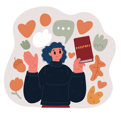 Cartoon vector illustration of a woman holding her passport, symbolizing travel, identity, and international exploration