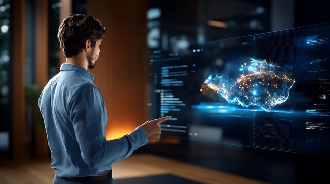 Futuristic virtual studio with advanced cloud based media editing tools and holographic user interface  Showcasing the latest digital intelligence