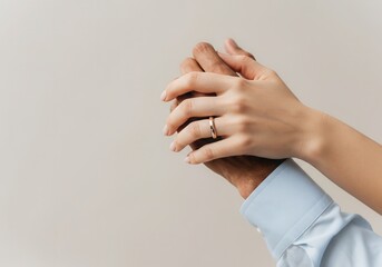 Close-up of interracial couple holding hands, showcasing wedding rings, symbolizing unity, love, and commitment