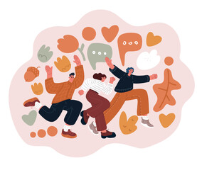 Cartoon vector illustration of happy men and women running joyfully and waving, symbolizing celebration, freedom, and positive vibes