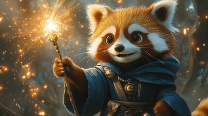 A cartoon red panda dressed as a wizard, holding a glowing staff, and casting sparkly magical spells in a mystical forest
