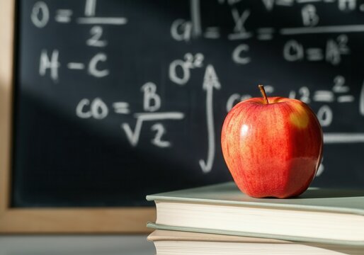 Shiny red apple sits on a stack of books with a blackboard full of math equations in the background, creating a back to school image