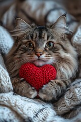 Cute cat with a knitted heart nestled in soft blankets during a cozy indoor moment