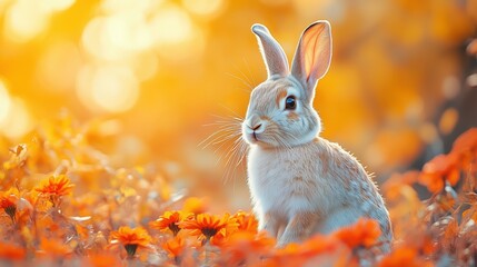 Fototapeta premium Rabbit sitting among vibrant orange flowers in a sunlit meadow during springtime