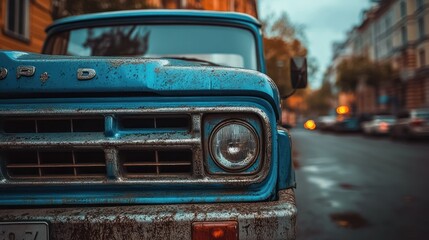 Close-up of a vintage, weathered, blue truck's front end on a city street.