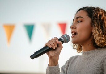 Young woman giving a speech outdoors holding a microphone, with colorful flags in the background
