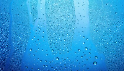 close-up of water droplets and condensation on blue glass with streaks, symbolizing freshness, purity, and graphic texture for design

