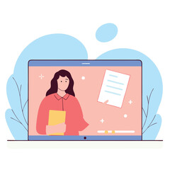 Webinar - Computer screen with woman person holding lecture and online video course presentation with information document