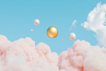 Dreamlike Surreal Landscape with Floating Golden Planets and Pastel Clouds