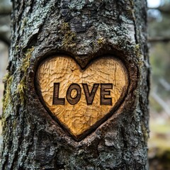 A romantic carved heart on a tree trunk in a lush green forest, symbolizing timeless love and nature.