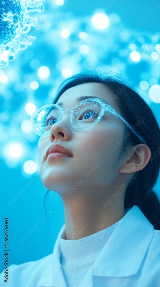 Aufkleber Focused Korean Technician Analyzing Virus Data on Digital Interface in Modern Lab Setting
