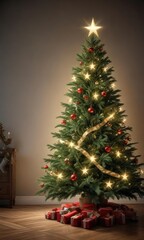 A beautiful, elegant Christmas tree with a shining star at its peak, festive, shine, christmas tree