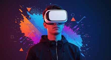 A young man wearing a VR headset gazes intently into the virtual world