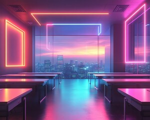 Futuristic Neon Classroom Overlooking City Skyline at Sunset