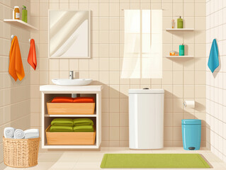 cozy small bathroom featuring hidden storage, colorful towels, and clean design. space is bright and inviting, perfect for relaxation